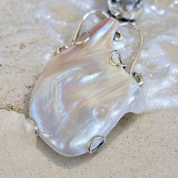 Natural Biwa Pearl ✦ Clear Quartz Pendant ✦ Vintage S925 Silver Handmade NWT - Picture 2 of 13